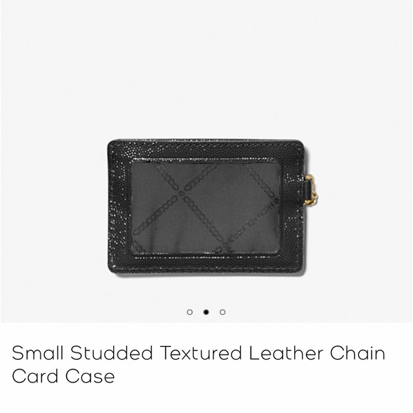 New Michael Kors SMALL STUDDED TEXTURED LEATHER CHAIN CARD CASE black with gold - Picture 2 of 3